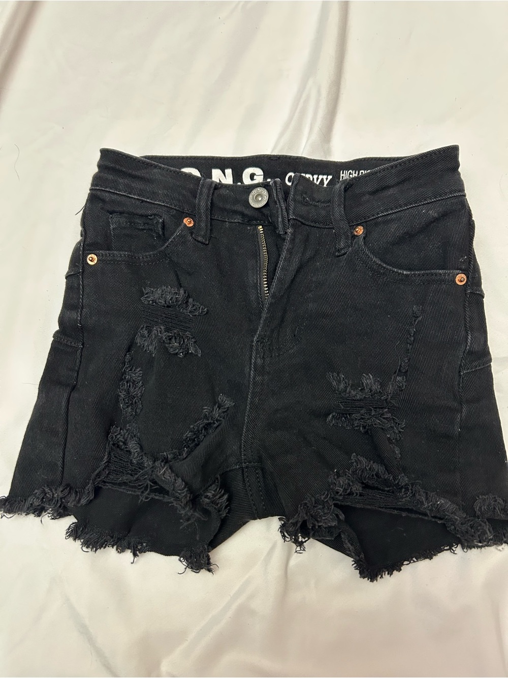 High-Rise Black Distressed Denim Shorts